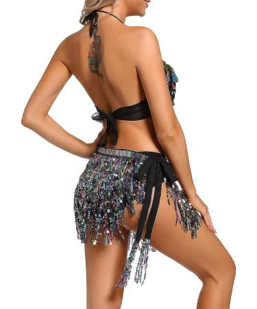 Women's Black Sequins Belly Dance Halter Top Bra with Coins - Halloween Rave Costume One Size - Buy Online on GoSupps.com