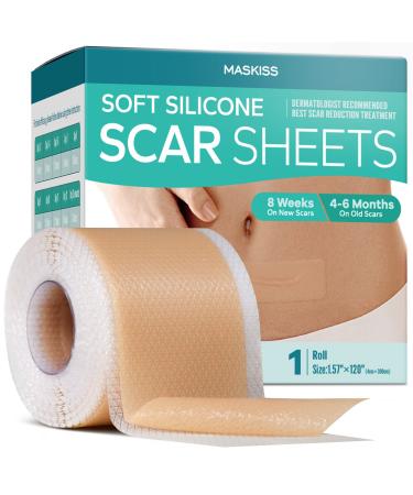 Silicone Scar Tape (1.57 * 120 Inches), Maskiss Silicone Scar Removal Sheets, Scar Tape for Surgical, Keloid, Burns, C-Section, Trauma, Silicone Tape for Scars Reusable, Professional Scar Treatment