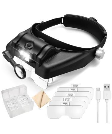 Dilzekui Head Mount Magnifier with LED Light, Rechargeable Black Headband Magnifier, Head-Mounted Magnifying Glass with 6 Detachable Lens, Handsfree Magnifying Glasses for Jewelers Loupe Crafts Repair
