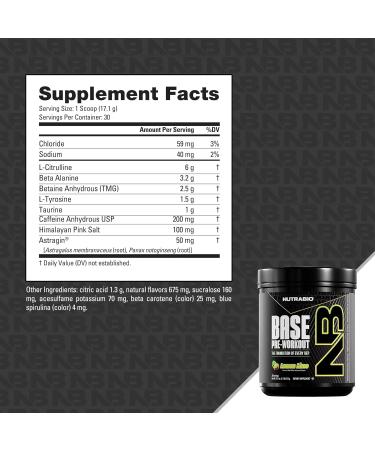 NutraBio Base Pre-Workout Powder 200mg Caffeine Sustained Energy Focus Endurance Pump Sugar Free Clean Preworkout for Men and Women - Beta Alanine L-Tyrosine 30 Servings - Lemon Lime - Buy Online on GoSupps.com