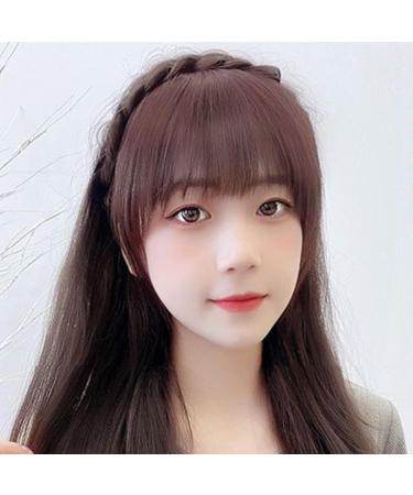 Fluffy Fake Hair Band Bangs Headband with Bangs Fluffy Front Fake Bangs Synthetic Braided Headband Wig with Bangs Non slip Headband Hair Extensions for Women Girls(Dark Brown) - Buy Online on GoSupps.com