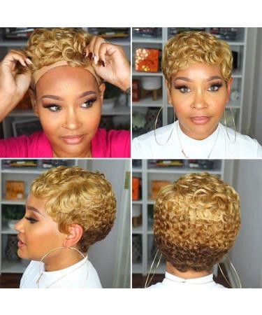 QITAQOTA Short Pixie Cut Wig Short Wigs For Black Women Machine Made Wig Wigs for WomenFinger Wave Wig Pixie Cut Wave Wig Glueless Blond 150% SED2S