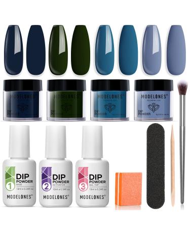 Modelones Dip Powder Nail Kit, 4 Colors Winter Blue Dipping Powder System Liquid Set with 2 in 1 Base & Top Coat Activator for French Nail Art Manicure Salon DIY at Home blue winter