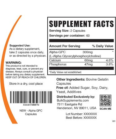 BulkSupplements Alpha GPC Capsules 300mg - Choline Supplement - 120 Capsules, 60 Day Supply - Buy Online on GoSupps.com