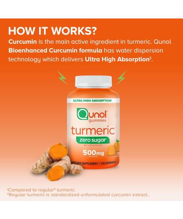 Qunol Zero Sugar Turmeric Gummies - 500mg Curcumin Joint Support Vegetarian Gluten-Free Ultra High Absorption 120 Count - International Shipping Available - Buy Online on GoSupps.com