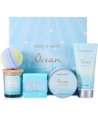 Spa Gifts for Women, Bath and Body Set with Ocean Scented Spa Gifts Box for Her,Includes Scented Candle, Body Butter, Hand Cream, Bath Bar and Bomb,5 Pcs Bath Set, Gifts Set for Women