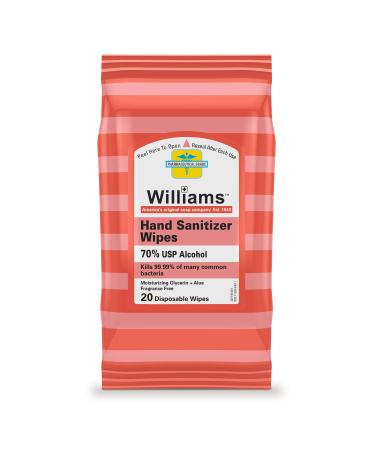 Hand Sanitizer Wipes by Williams  Antibacterial  Kills 99.99% of Common Bacteria  70% Alcohol  With Moisturizing Gylcerin + Aloe  Fragrance Free  Keeps Hands Clean On The Go  20 Wipes 20 Count (Pack of 1) Hand Sanitizer ...