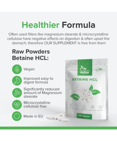 Raw Powders Betaine HCL 650mg 120 Capsules - Vegan Digestive Enzyme Supplement for Heart, Joints, and Liver Health - Buy Online on GoSupps.com