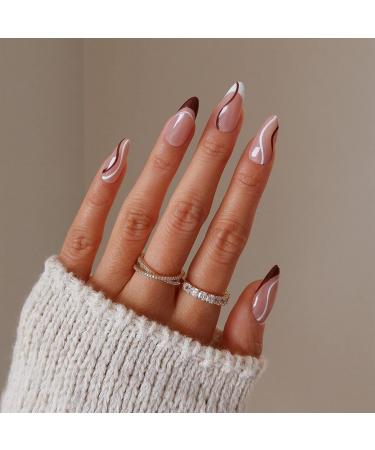 White Brown French Press Nail Almond Medium camellia acrylic press on nude nude strudel fake nails youth years with nail glue sticking nails for manicure brown style