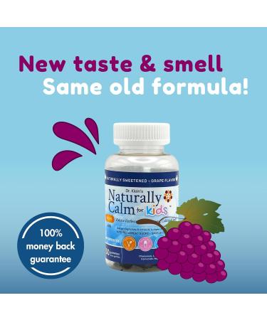 Dr. Klein's Naturally Calm Gummies For Kids. Grape Flavour. Relieves Restlessness & Nervousness. Includes Chamomile Extract and Large Leaf Linden Extract Plus Vitamins & Minerals to Support Stress Relief . Sugar Free. 30 Chewable Gummies. - Buy Online on GoSupps.com