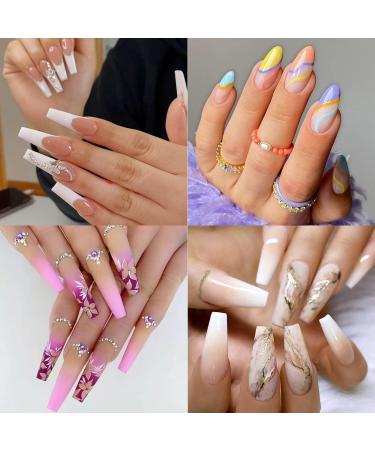 4 Packs (96 Pcs) Press on Nails Long Design, Misssix Fake Nails Long and Medium Glue on Nails Set with Adhesive Tabs Nail File for Women