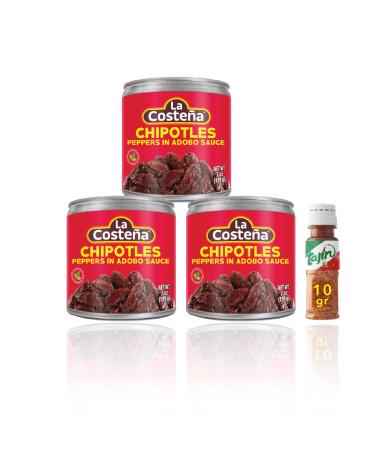 3x La Costena Chipotle Peppers In Adobo Sauce 7Oz Can - 199g bundle with Tajin Clasico Mexican Seasoning With Lime 10g (Pack of 3+1)