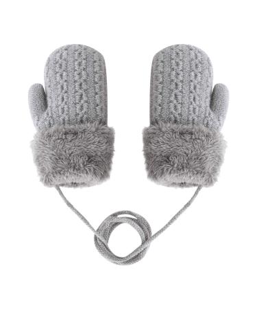 Toddler Kids Winter Warm Thick Plush Short Knitted Gloves With String for 1-3Yrs Grey