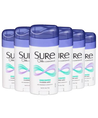 SURE Antiperspirant Deodorant Solid Unscented 2.6 Ounce (Pack of 6)
