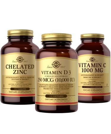 SOLGAR Vitamin C D & Zinc Bundle: Vitamin C 1000 mg 250 Vegetable Capsules + D3 (Cholecalciferol) 250 MCG (10 000 IU) 120 Softgels + Chelated Zinc 250 Tablets