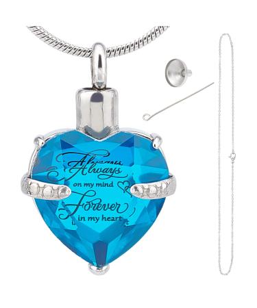 CREATCABIN Heart Cremation Urn Necklace for Ashes Birthstone Crystal Memorial Keepsake Pendant Deep Sky Blue - Buy Online on GoSupps.com