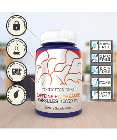 Caffeine and L-Theanine Capsules - 60 Pills, 100mg Caffeine, 200mg L-Theanine - Natural Nootropic Supplement for Energy Boost, Mental Focus, Alertness - Coffee Alternative - 60 Count - Buy Online on GoSupps.com