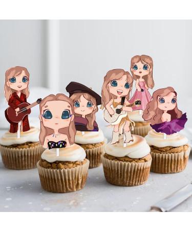 18pcs Glitter Cartoon Girls Dessert Cupcake Topper Cheer to Worldwide Popular Female Singer Concert Theme Decor Pick for Fan Men Women Happy Birthday Music Party Decorations Supplies - Buy Online on GoSupps.com
