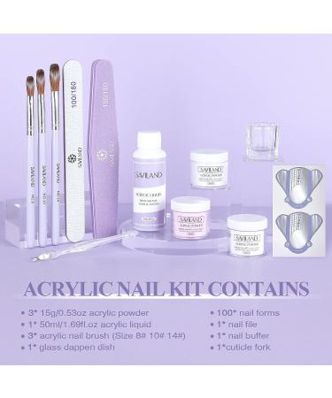 Saviland Acrylic Nail Kit for Beginners - 15g Clear/White/Pink Powder and Liquid Set with Nail Brush, Forms, and Dappen Dish - Easy to Use Starter Kit for Home DIY - Buy Online on GoSupps.com