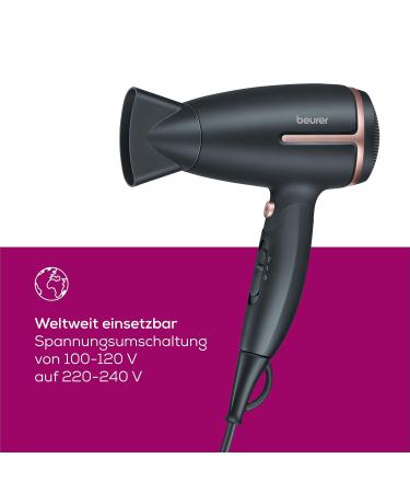 Beurer HC 25 Travel Hair Dryer - Compact Foldable 1600W with Ion Function Dual Voltage (110-240V) - Lightweight & Stylish Black/Ros  - Buy Online on GoSupps.com