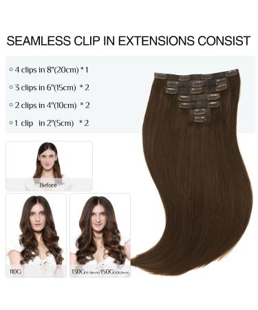 Doores Chocolate Brown Real Hair Extensions 55cm 22 Inch - Seamless 110g Remy Human Clip-Ins - Thick Natural Hair #4 - Buy Online on GoSupps.com