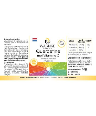 Quercetin 250mg + Vitamin C 300mg Vegan Capsules | 60 Count by Warnke Vitalstoffe - Buy Online on GoSupps.com