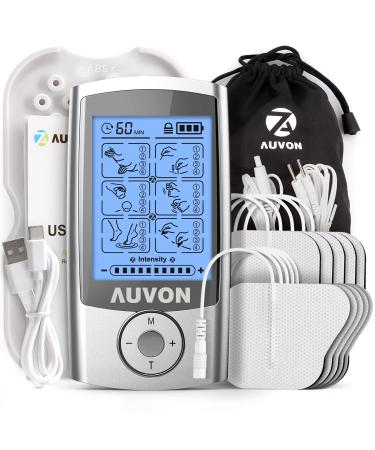 Auvon tens device rechargeable stimulus current against pain with 24 training programs 2 channels and 10 pieces 2 "x 2" Premium electrodes pads with patented design A-silver - Buy Online on GoSupps.com