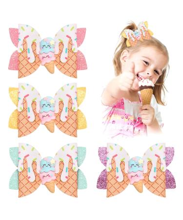 Ice Cream Hair Bows for Girls  4 Pcs Summer Glitter Bows Hair Clips  CN Sparkly Alligator Toddler Hair Bows for Infant Teens Girls Women Birthday Party Hair Accessories