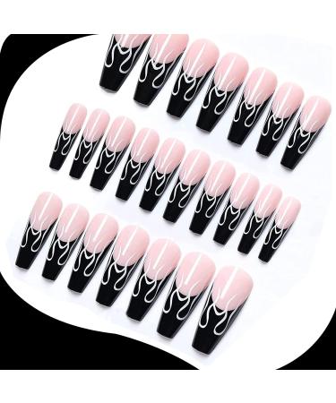 Coffin False Nails Long 24Pcs Black French Fake Nails with Flame Design - Nail Glue Included | Ballerina Stick-on Nail Art for Women and Girls - Buy Online on GoSupps.com