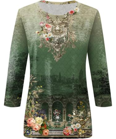 oelaio Plus Size Womens 3/4 Length Sleeve Tops Vintage Ethnic Floral Graphic Shirts for Women Loose Fit Round Neck Comfy Green Small - Buy Online on GoSupps.com