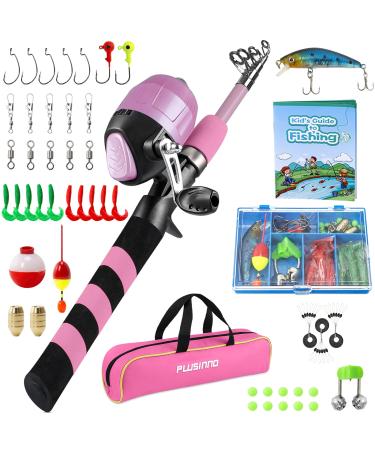 PLUSINNO Kids Fishing Pole, Portable Telescopic Fishing Rod and Reel Combo Kit - with Spincast Fishing Reel Tackle Box for Boys, Girls, Youth Pink 1.5M 4.92FT