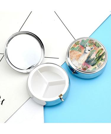 Round Pill Box - White Alpaca Watercolor & Cactus Print | 3 Compartment Portable Pill Organizer - Decorative Metal Pocket Pill Case for Medication - Buy Online on GoSupps.com
