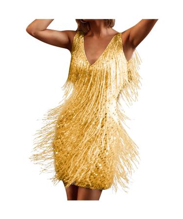 Women'S Casual Dress For Uk- Sexy V Neck Solid Color Tassel Sleeveless Dress Short Skirt 50'S Fancy Flared Dress Elegant Noble Dance Banquet Club Cocktail Special Occasions Homecoming Birthday Party M Gold