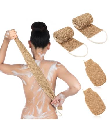 Breling 4 Pcs Back Scrubber for Shower Natural Back Scrubber Set  2 Pcs Long Double Sided Exfoliating Body Scrubbers 2 Pcs Exfoliating Shower Gloves for Women Men Shower Exfoliator Machine Wash Dry