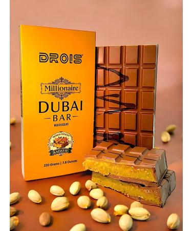 DROIS DROIS Millionaire Dubai XXL Chocolate Bar 220g Coated in Belgian chocolate premium pistachio and golden Kaday f filling Made in the EU