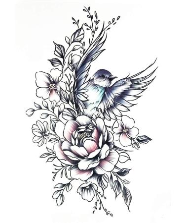 PARITA Big Tattoos Cute Swallow Bird Flower Sticker Vintage Tattoo Fake 3D For Men Women Waterproof Temporary Tattoo Body Art Mysterious Drawing Old School (1 Sheet.)