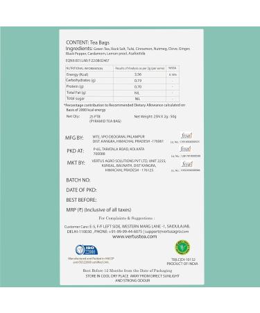 Vertus Tea DETOX 25 Teabags | 10 Real Ayurvedic Herbs and Rock Salt | Zingy Spicy Taste | Improves Digestion | Kangra Tea - Buy Online on GoSupps.com