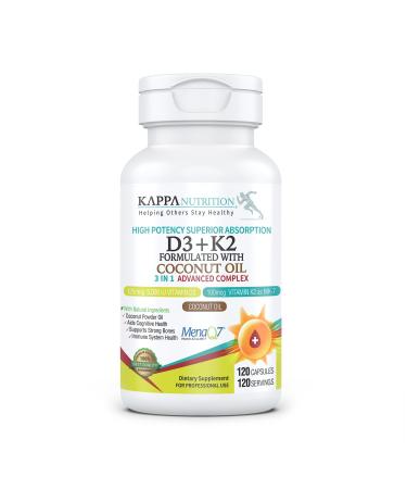 KAPPA NUTRITION Vitamin D3 + K2 Supplement with MCT Oil (Coconut Oil) (5000iu) Vitamin D with 100mcg Mk7 Vitamin K Supports Calcium for Stronger Bones & Immune Health 120 Vegan Capsules for Adults