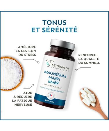 MARINE MAGNESIUM + Vit B6 B9 | 300mg of Magnesium Element per Capsule | 100 Days of Cure | Fights Stress and Fatigue | Improves Sleep | 100 Organic Capsules Made in France | Terravita - Buy Online on GoSupps.com
