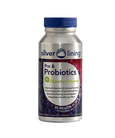 Silver Lining Pre & Probiotics + Digestive Enzymes | 50 Billion CFU/Active Cells | Digestion Gut Health & Immune Function Support Reduces Bloating | Shelf-Stable Formula | 60 Servings (120 Capsules)