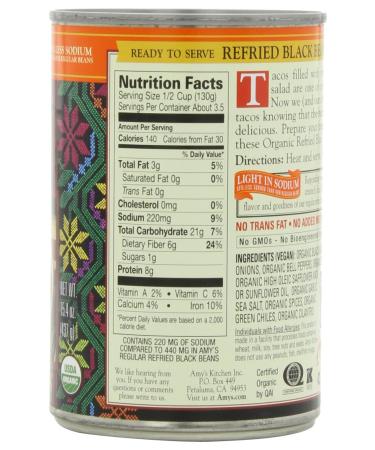 Amy's Refried Black Beans - Light Sodium, Gluten Free, Organic & Vegetarian - 15.4 oz Can (Pack of 12) - Buy Online on GoSupps.com