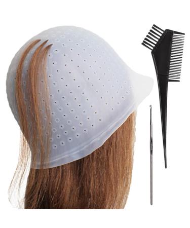 Highlight Cap Punched Hole Silicone Highlight Hair Cap with Needle and Hair Dye Brush Dyeing Staining Tools Reusable Highlighting Poked Hole Caps for Color Hair Salon Hairdressing Dyeing Staining