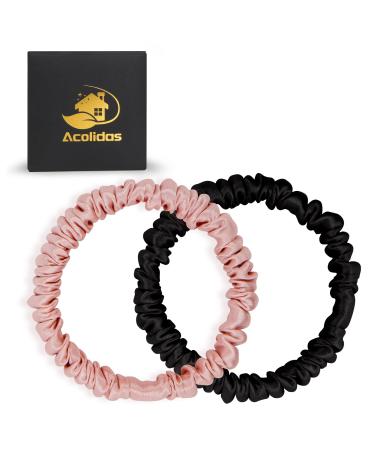 Acolidas Silk Hair Scrunchies Mini 100% Mulberry Silk Hair Scrunchy Skinny Silk Scrunchies for Hair Sleep Small Satin Hair Ties for Women Girls Curly Thick Thin No Damage Ponytail Holder Elastics