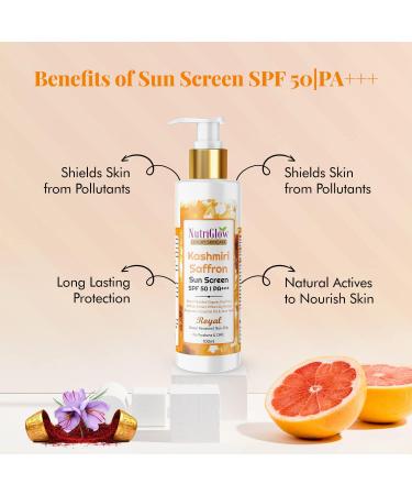Nutriglow Luxury Skincare Kashmiri Saffron Sunscreen Serum 50 Pa+++ with Aloe Vera Extract| Protection From Uv Rays and Sun Tan| for All Skin Type|100 Ml - Buy Online on GoSupps.com