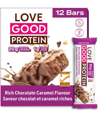 Love Good Fats High Protein Bars Rich Chocolate Caramel - Whey Protein and Collagen - 19g Protein includes 6-7g Collagen 1g Net Carbs 2g Sugar - Low Carb Low Sugar Keto Friendly 12 Pack
