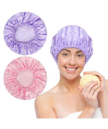 GoodSing 2PCS Shower Cap for Women  Reusable Waterproof Shower Caps Double Layer Washable Bathing Shower Hat for Long and Thick Hair EVA Hair Caps for Women and Girls Hair Protector  Pink+Purple