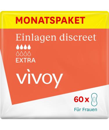 Vivoy Discreet Extra - 60 Insoles in the monthly package (6 x 10 pieces) - With medium bladder weakness and incontinence - Hygiene inserts for women individually packaged