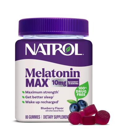 Natrol Melatonin 10mg Sleep Aid Supplement 80 Count MelatoninMax Gummies Blueberry Flavor 10 mg Melatonin Gummies for Occasional Sleeplessness 80 Day Supply Blueberry 80 Count (Pack of 1)