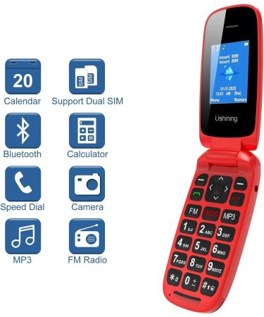 USHINING GSM Senior Flip Phone - Large Button Emergency Call 1.77 Color Display - No Contract - Red - Buy Online on GoSupps.com