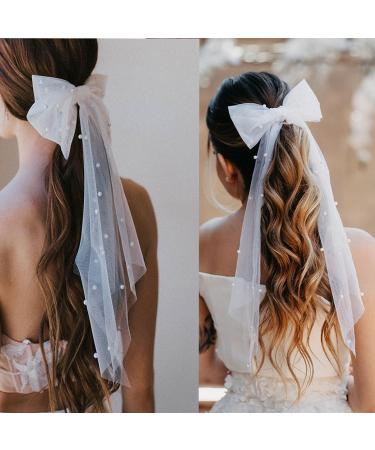Beautiful Bridal Bow Veil Hair Clip Wedding Elegant Large Bowknot Lace Hair Clip Bridal Bow Pearl Hair Clip French Vintage White Bow Veil Hair Barrettes for Women - Buy Online on GoSupps.com